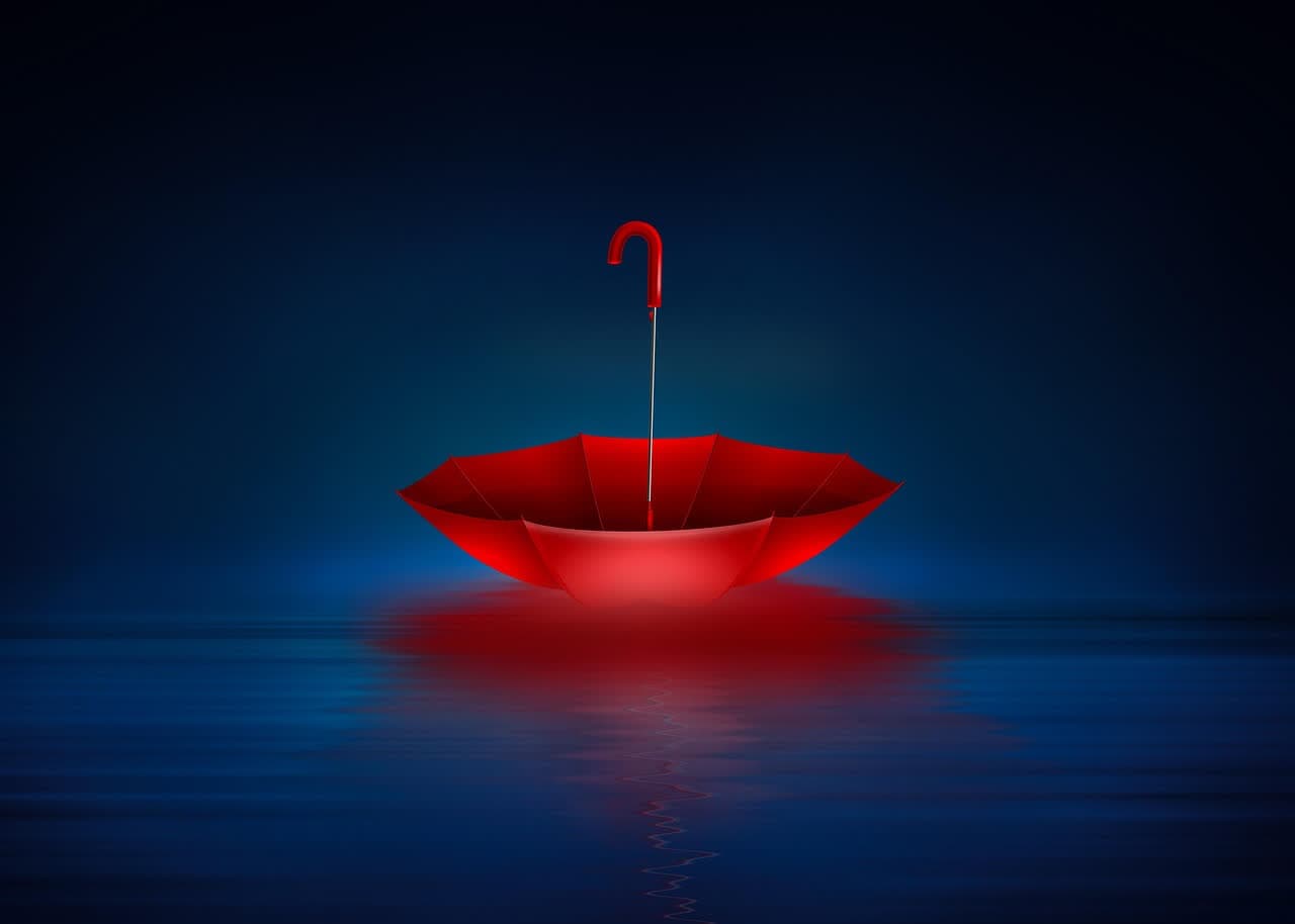 Roter Regenschirm auf nasser Straße – Akzentfarbe für modernes Webdesign Roter Regenschirm auf nasser Straße – Akzentfarbe für modernes Webdesign